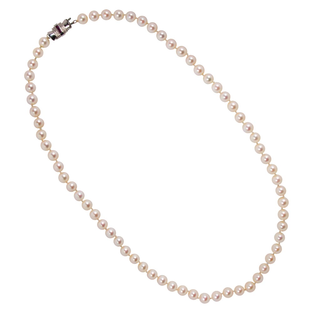 A cultured pearl, ruby, and 14k white gold necklace
