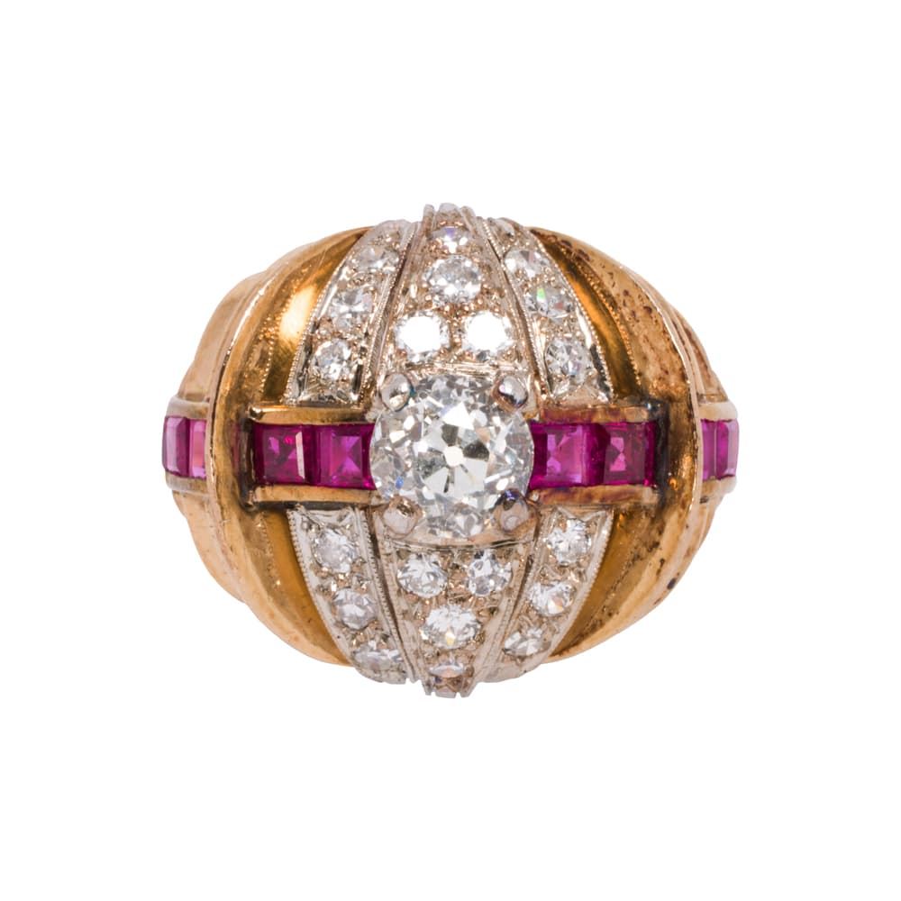 A Retro diamond, ruby and 14k gold ring