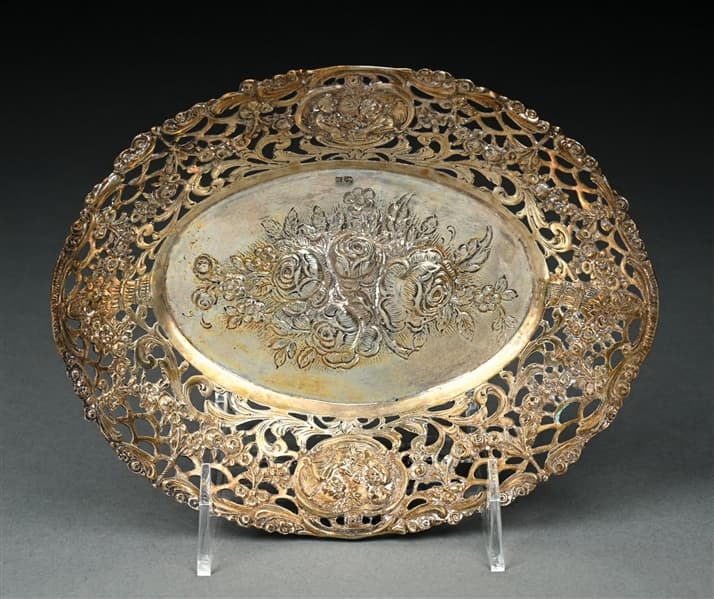 GERMAN .800 SILVER REPOUSSE FLORAL MOTIF PIERCED BREAD BASKET
