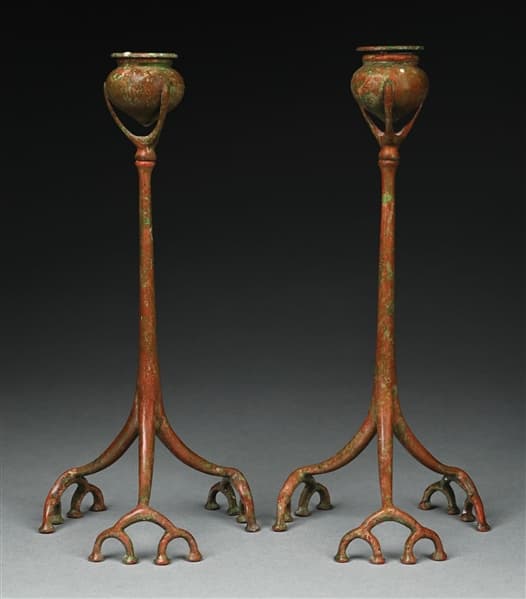 PAIR OF TIFFANY STUDIOS ROOT FORM BRONZE CANDLESTICKS