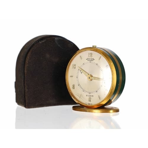 Jaeger 8 Days Swiss miniature drumhead travel alarm clock, s...