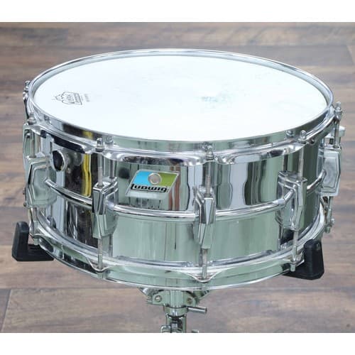 1970s Ludwig snare drum, chrome finish, blue/olive pointed c...
