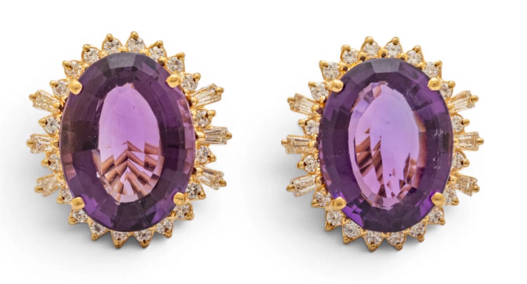 14k Yellow Gold, Amethyst, and Diamond Earrings 14 g 1 PAIR
