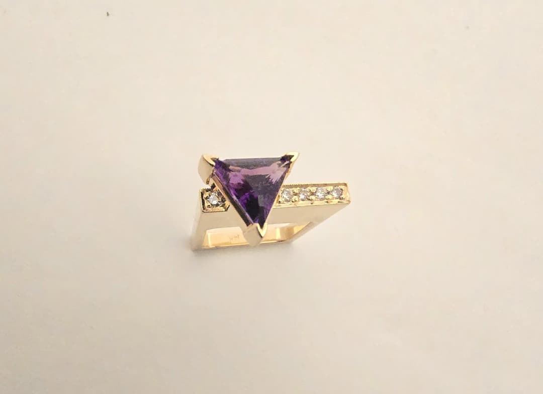 Trisko Jewelry Modernist 14k Yellow Gold, Amethyst, and Diamond Ring
