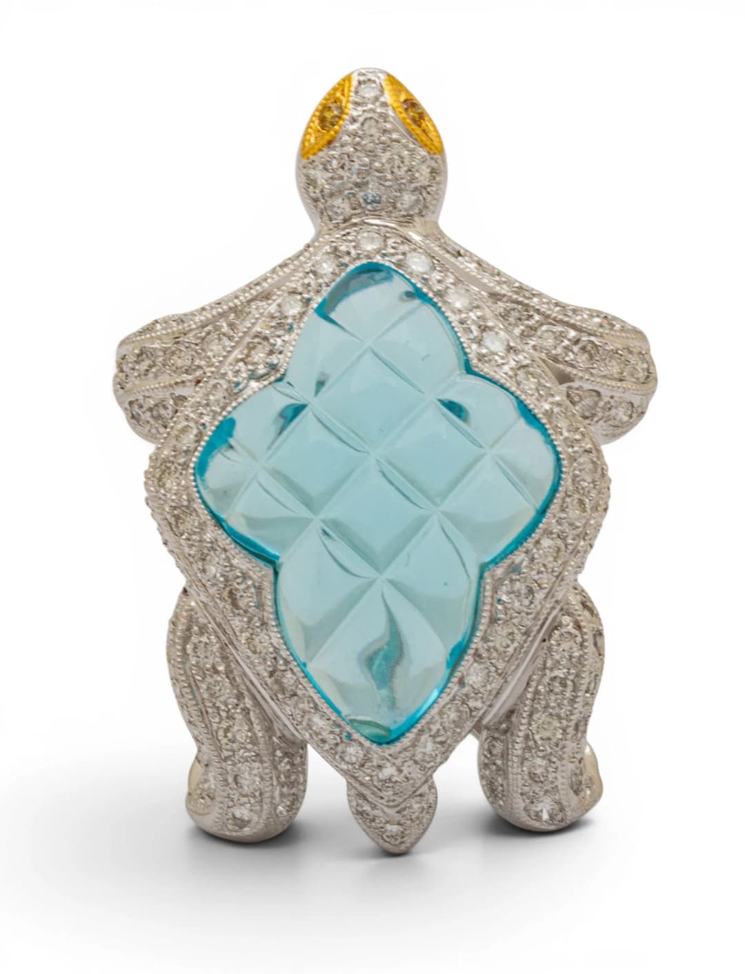 18k White and Yellow Gold, Glass, and Diamond Turtle Brooch L 1.25" 9.9 g