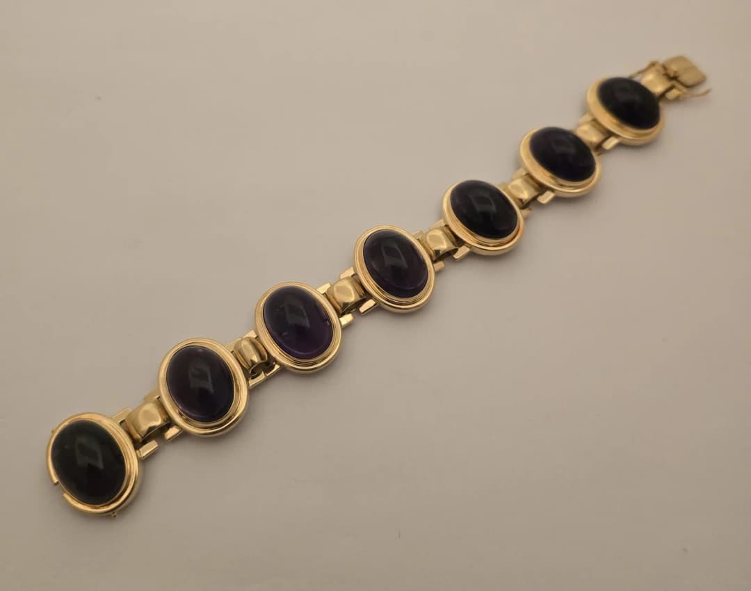 18k Yellow Gold and Amethyst Link Bracelet L 7" 70.2 g