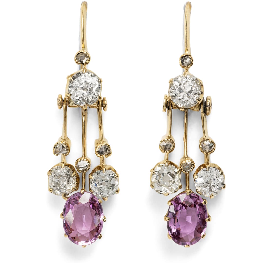 Antique Earrings With Diamonds & Pink Sapphires, Moscow C. 1900 & Later