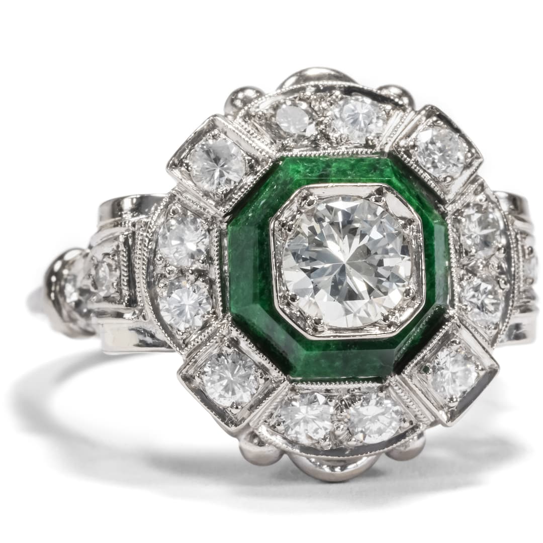Unusual Ring with Diamonds & Jadeite in White Gold, circa 1940