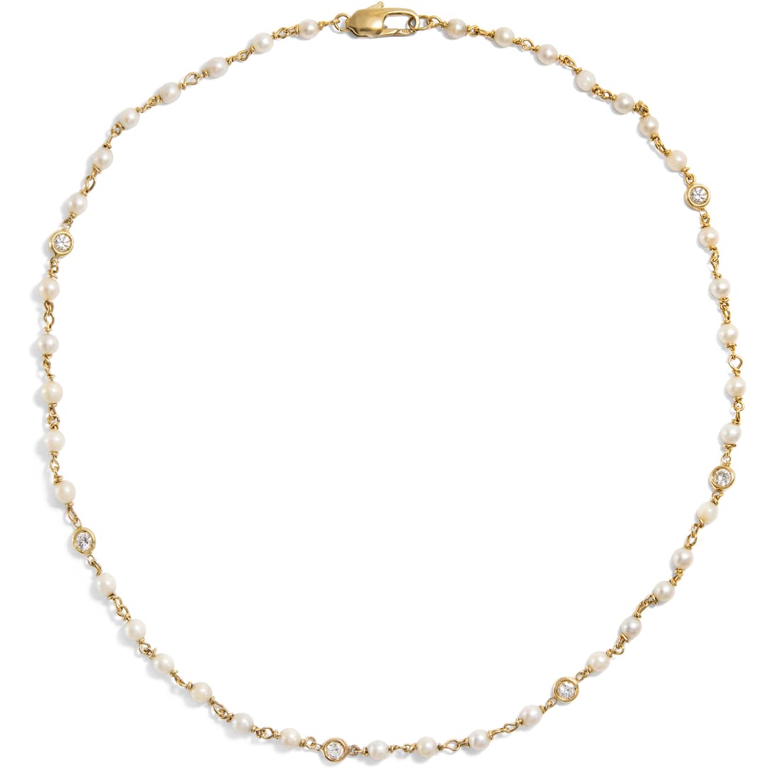 Luxurious Vintage Necklace with Pearls & Diamonds in Yellow Gold, circa 1985