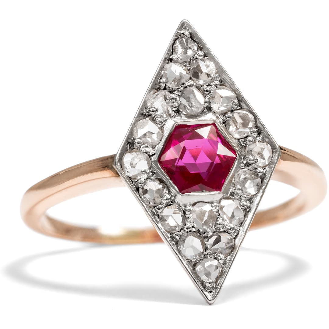 Antique Ring with Synthetic Ruby & Diamonds in Gold & Platinum, c. 1910
