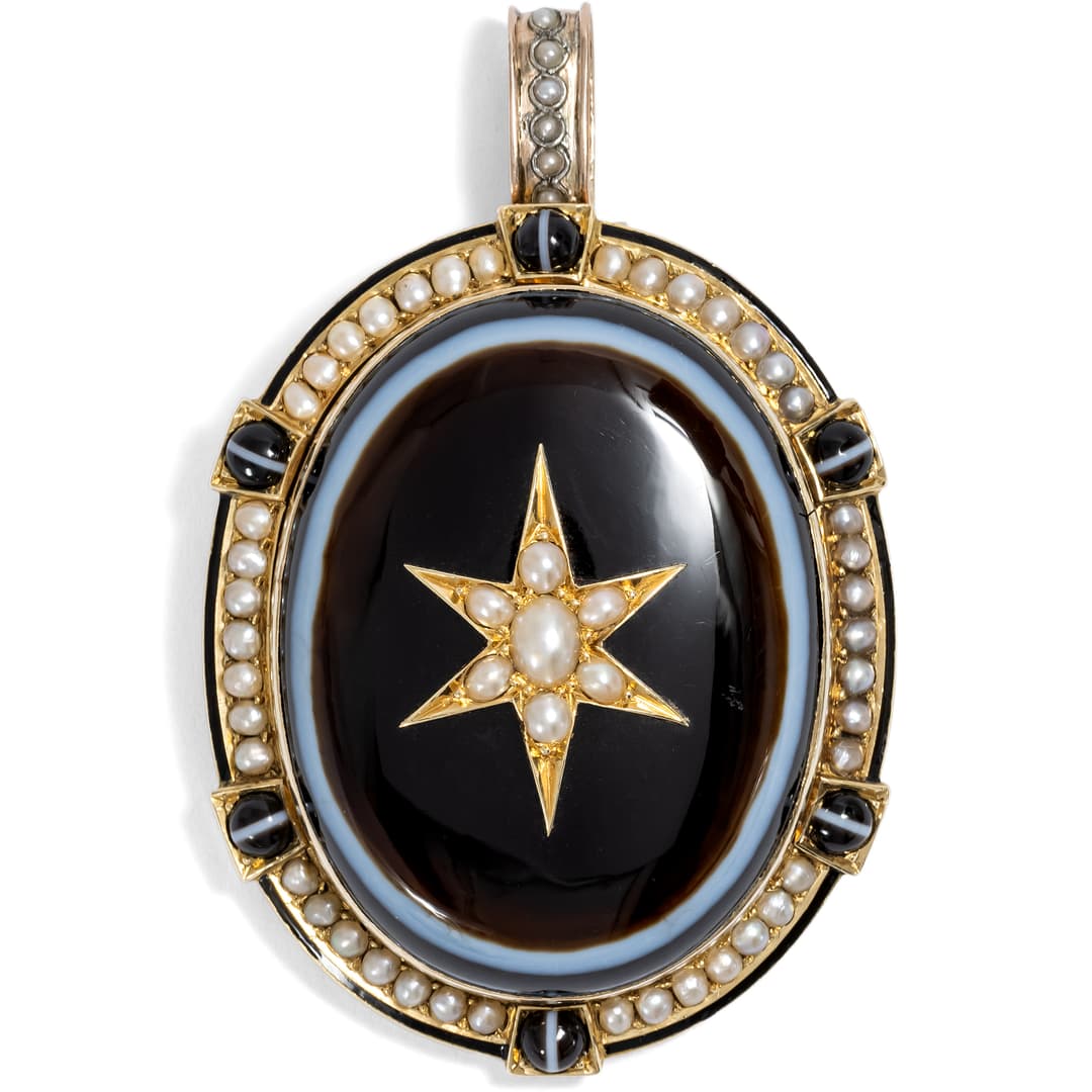 Large Antique Locket Pendant With Striped Agate & Pearls In Gold, Circa 1865