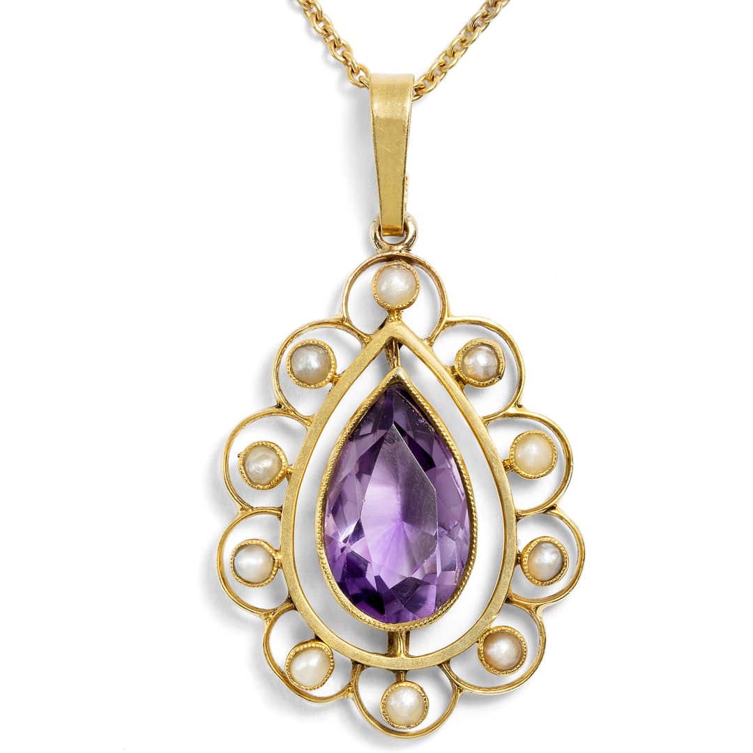Antique Amethyst and Seed Pearl Pendant in Gold, British, c. 1910 & later