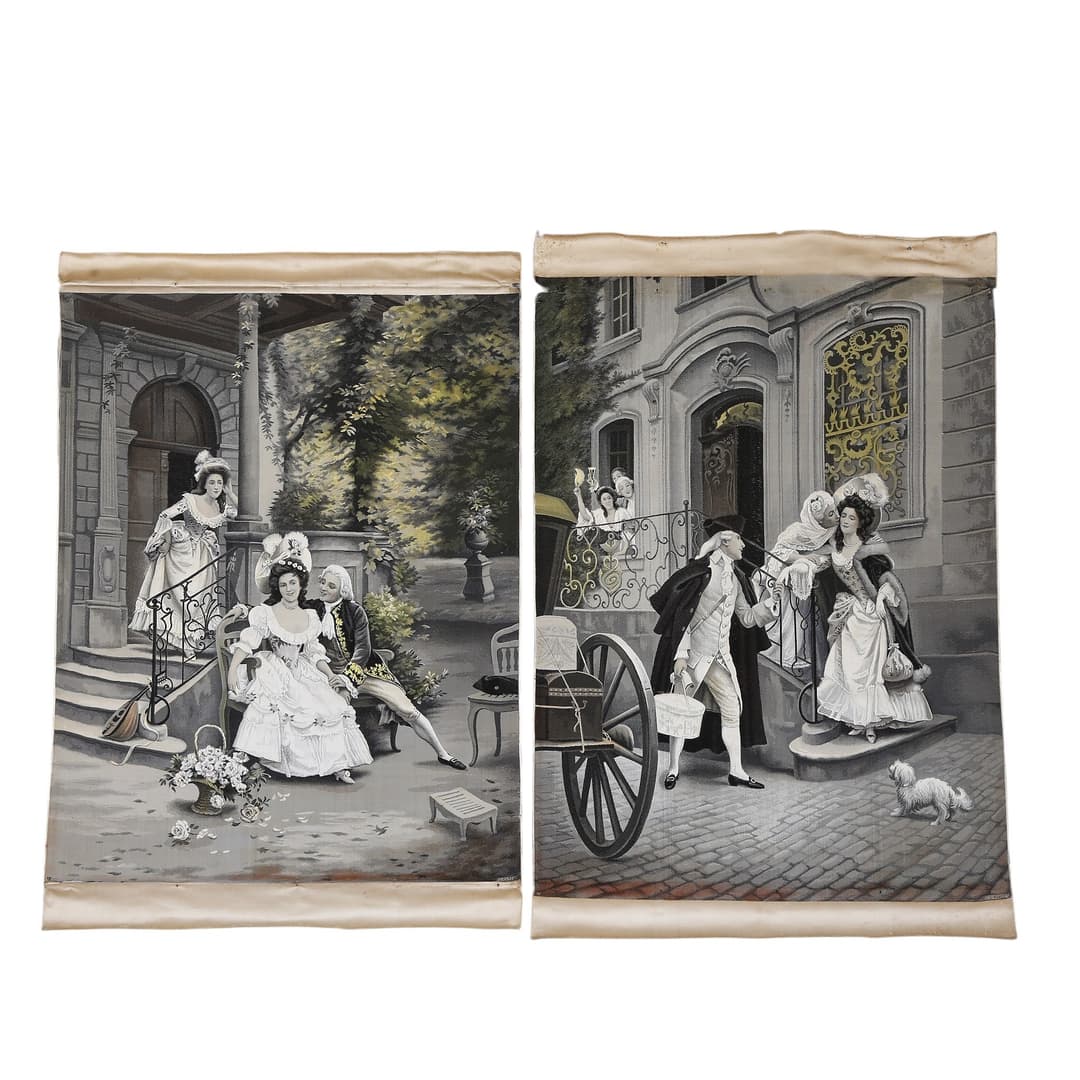 “Gallant scenes”, pair of “jacquard” silk panels, early 20th Century.