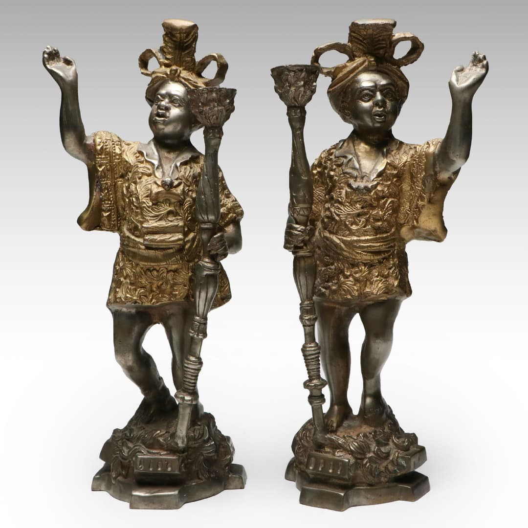Pair of Cast Metal Blackamoor Figural Candle Holders, Early to Mid-20th C.