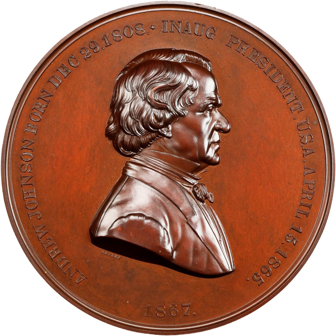 1867 Andrew Johnson Presidential Medal. Julian PR-13. Copper, Bronzed.