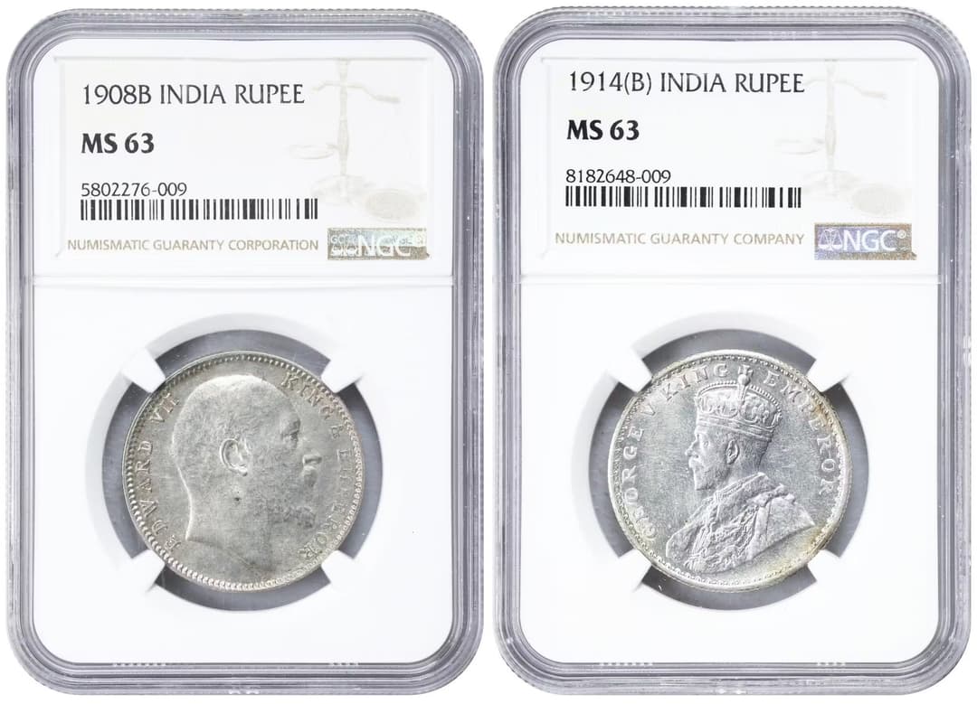 INDIA. Duo of Rupees (2 Pieces), 1908 & 1914. Bombay Mint. Edward