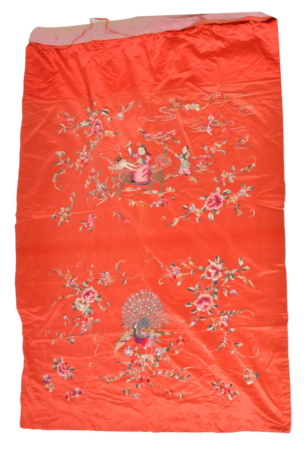 Chinese silk embroidered textile. Figural and floral decoration on