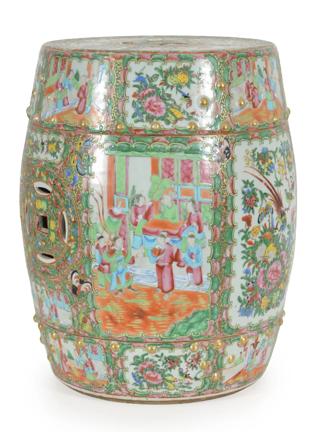Chinese export porcelain garden seat with famille rose decorations