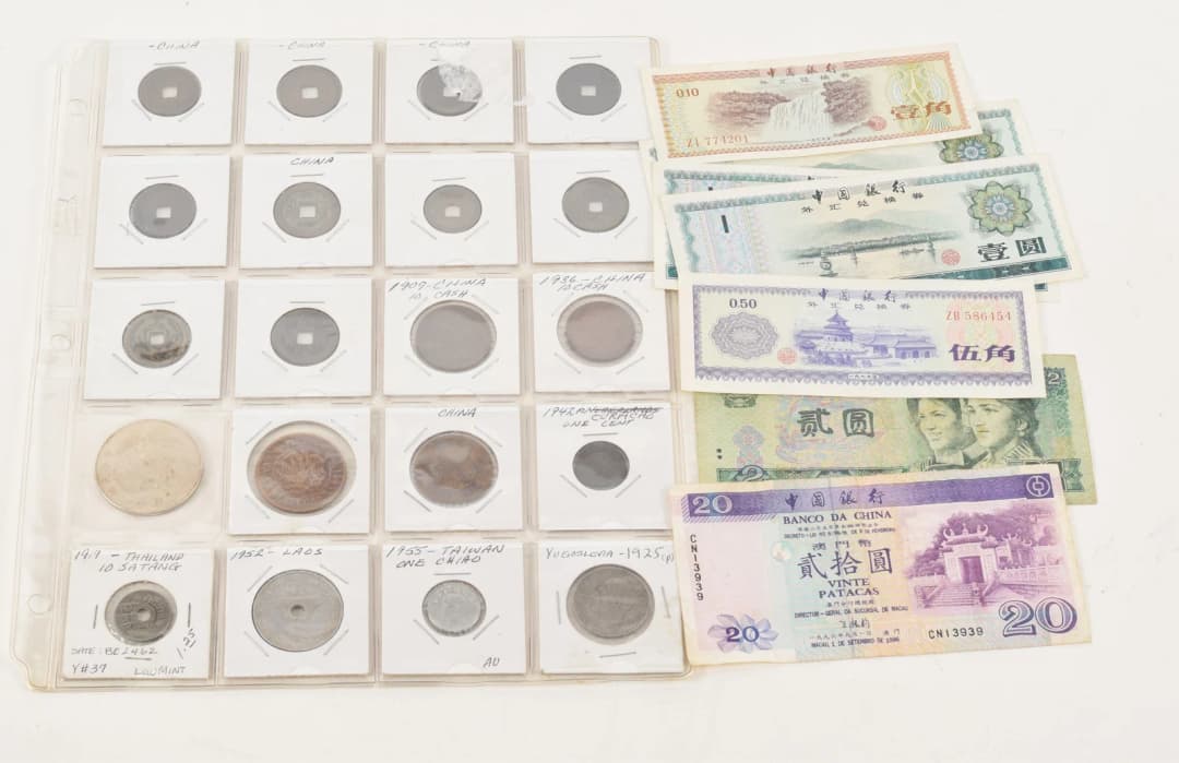 Lot of 20th century Asian coins and currency.