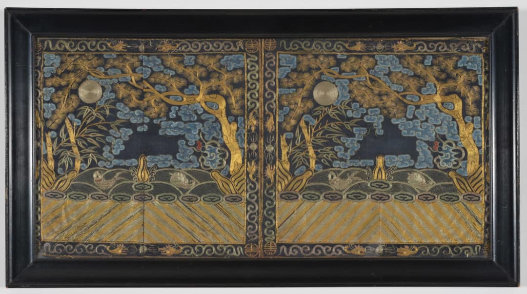 Pair of Chinese silk and gold thread embroidered rank badges, 19th