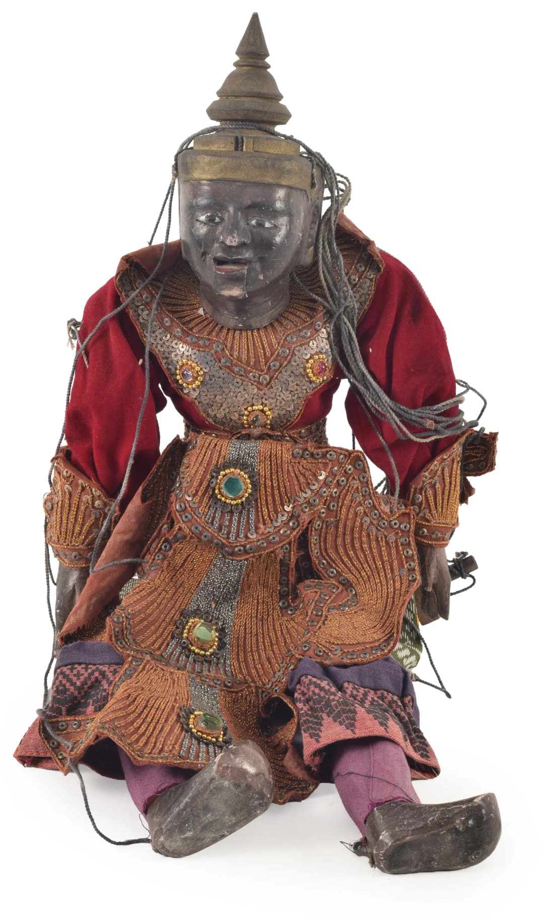 Puppet. Myanmar, ca 1950. Lacquered wooden body. Ornate later robes.
