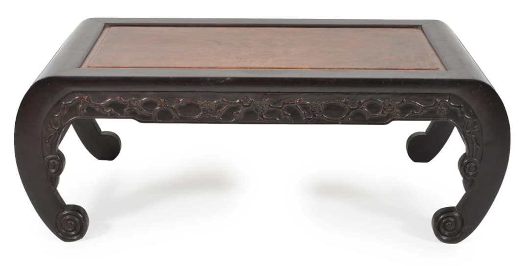 19th century Chinese burl wood inset carved hung mu kang table. Flowering