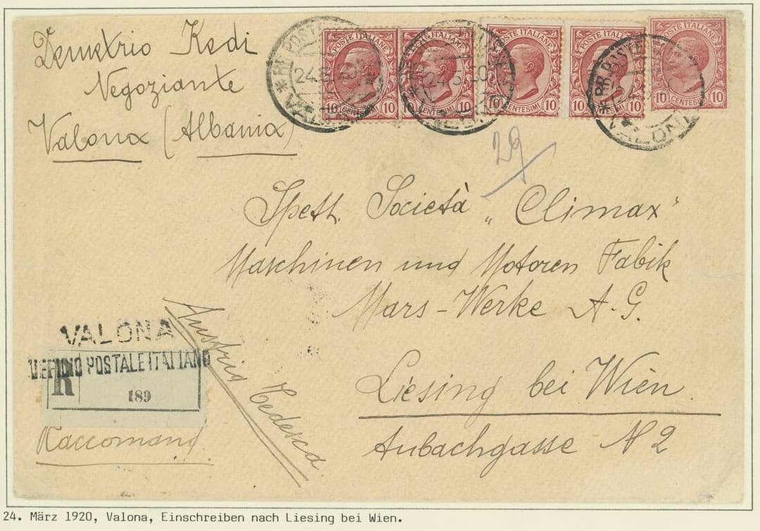 Wartime Transitional Period (1914-1920) Italian Post Offices Valona-Vlorë.