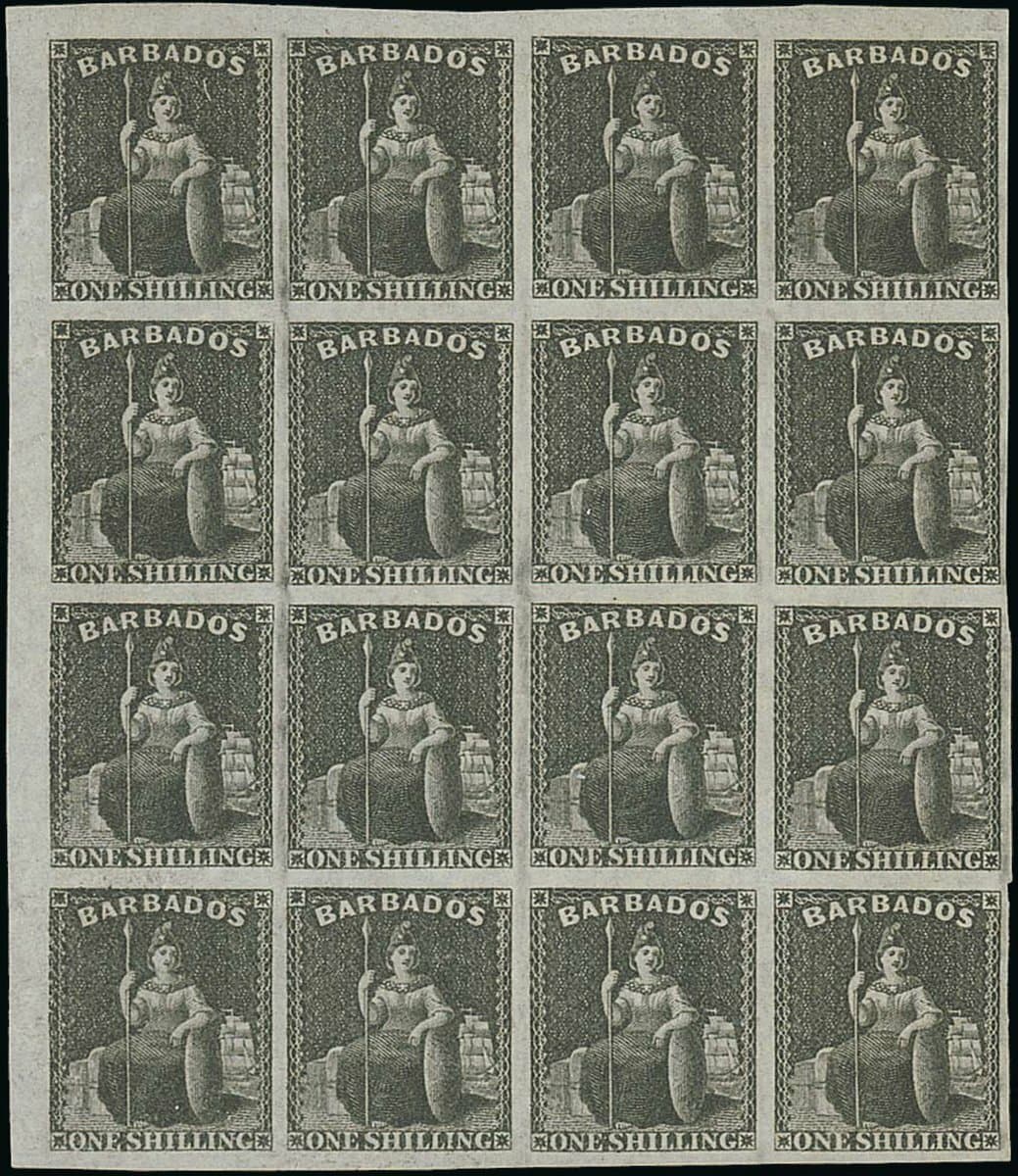 Barbados 1858 (10 Nov.) no watermark, imperforate, 1/- black top left