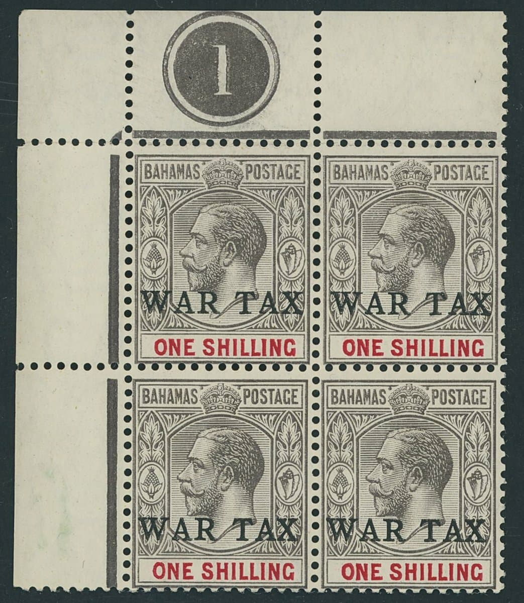 Bahamas 1914 (Feb.) War Tax 1/- grey-black and carmine, a top left