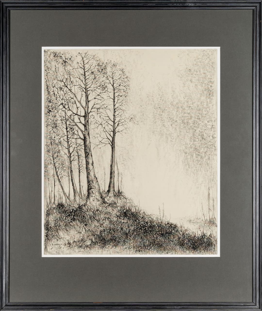 PELLE GRANBERG. Blandteknik/tusch på canvas, skogsmotiv, signerad P. Granberg.