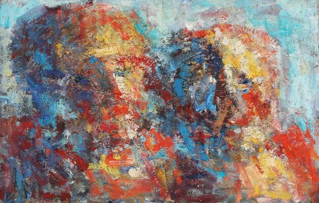 Johnny Madsen: Two figures. Unsigned. Oil on canvas. 39.5 x 61 cm.