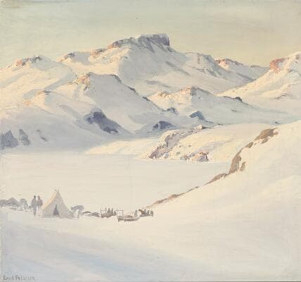 Emanuel A. Petersen: A view of a village in Greenland. Signed Em.