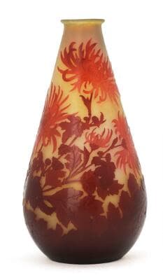 Emile Gallé: A drop-shaped yellow frosted glass vase, overlaid with
