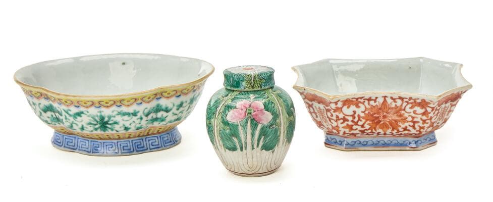 Two Chinese enamelled porcelain bowls and a small lidded jar. Qing