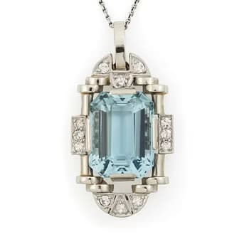 A pendant 14K gold with a faceted aquamarine and eight-cut diamonds. Art Déco.