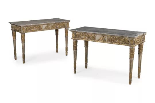A PAIR OF PAINTED, GILTWOOD AND SIMULATED MARBLE CONSOLE TABLES, ITALIAN