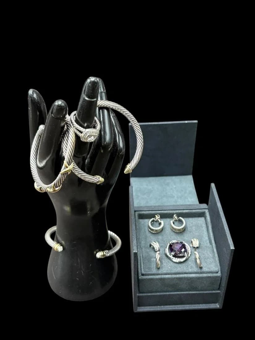 Estate Lot of David Yurman Sterling and 14K/18K Gold Bracelets, Earrings