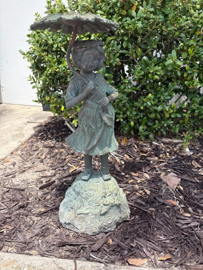 Vintage Bronze 20" Tall Fountain - Verdigras Patina - Little Girl with Umbrella