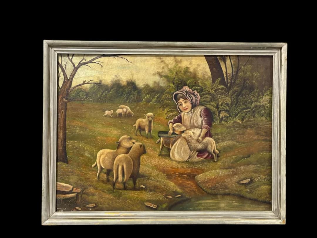 Antique Oil on Cloth Canvas Folk Art Painting "Woman with the Lambs"