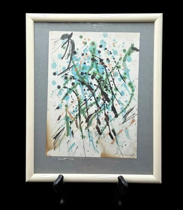 Expressionism Drip Action Watercolor on Cardboard Paper Signed J.