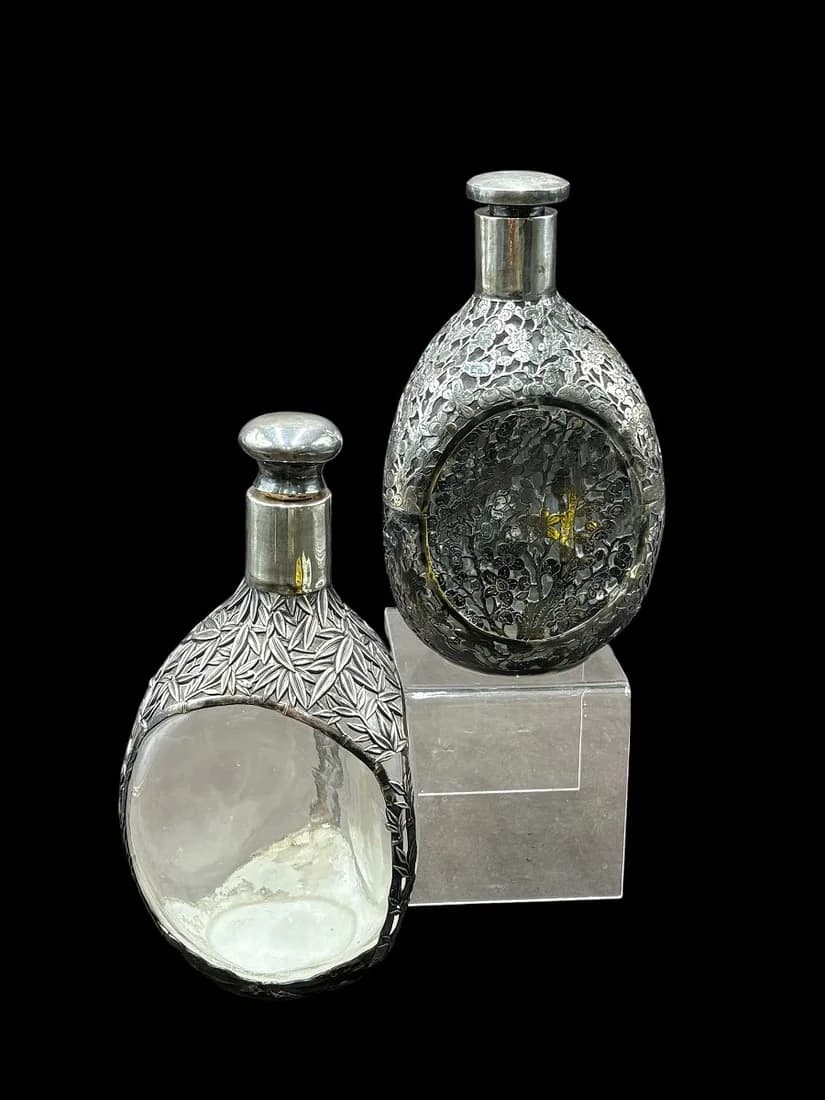 Estate Lot of 2 Antique Chinese Sterling Overlay Decanter Pinch Bottles