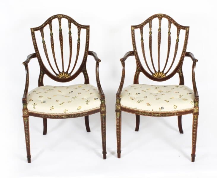 Antique Pair George III Polychrome Decorated Open Armchairs C1785 18th C