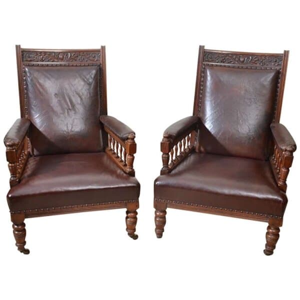 Antique Pair of English Walnut Leather Armchairs 19th C