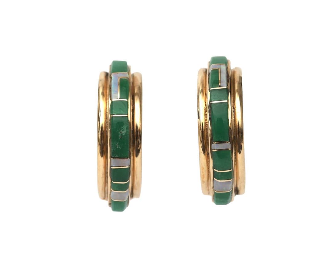 A pair of 575/000 yellow gold ear studs with white opal and jade
