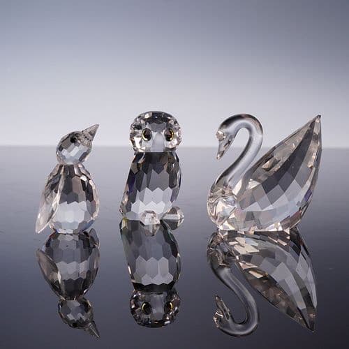 3pc Swarovski Crystal Bird Figurines Including a Penguin, Owl, and Swan