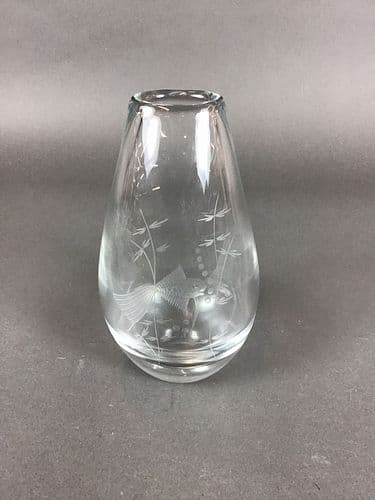 Kosta Boda by Vicke Lindstrand Etched Glass Teardrop Vase Fish and