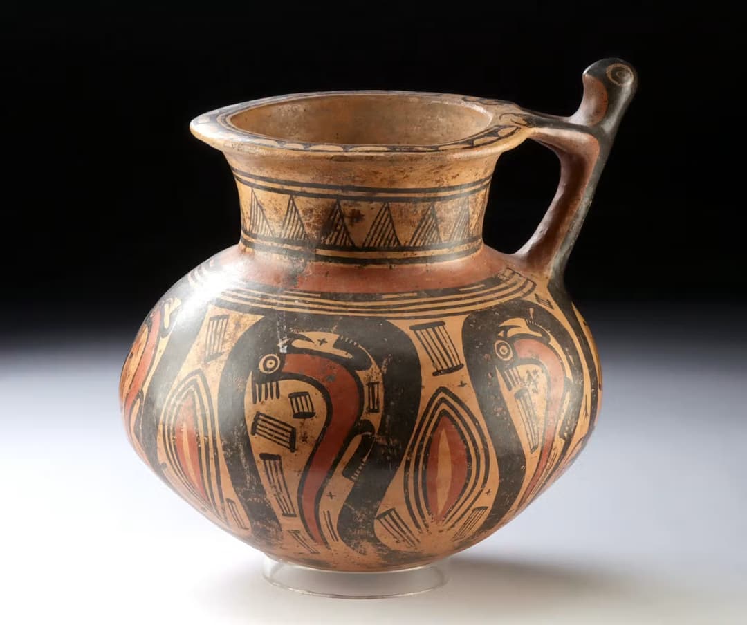 Coclé Polychrome Vessel - Crested Avian Motif, Zoomorphic Handle