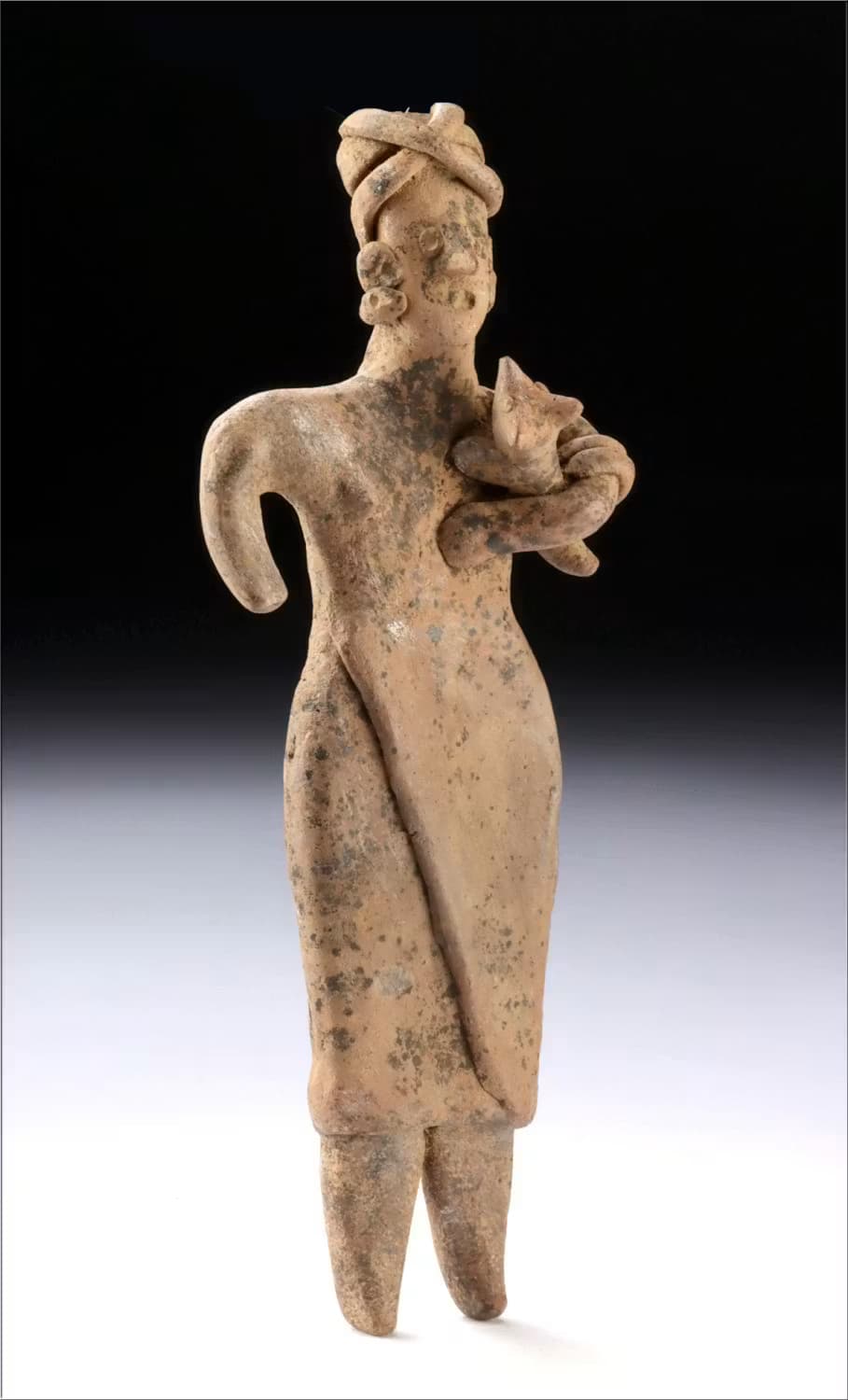 Tall Colima Pottery Flat Figure - Woman Holding a Dog