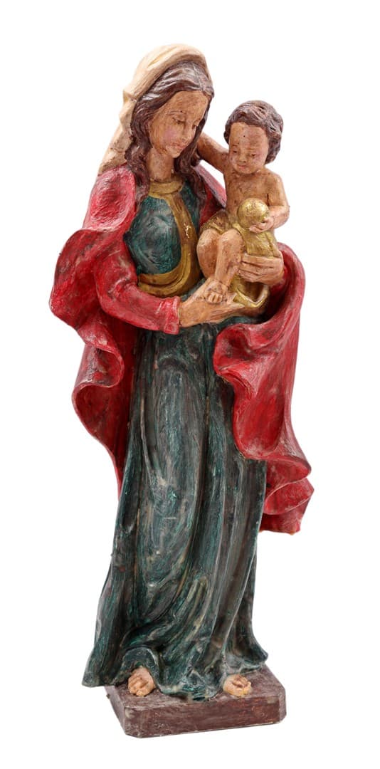 Houten polychroom beeld van Madonna met kind