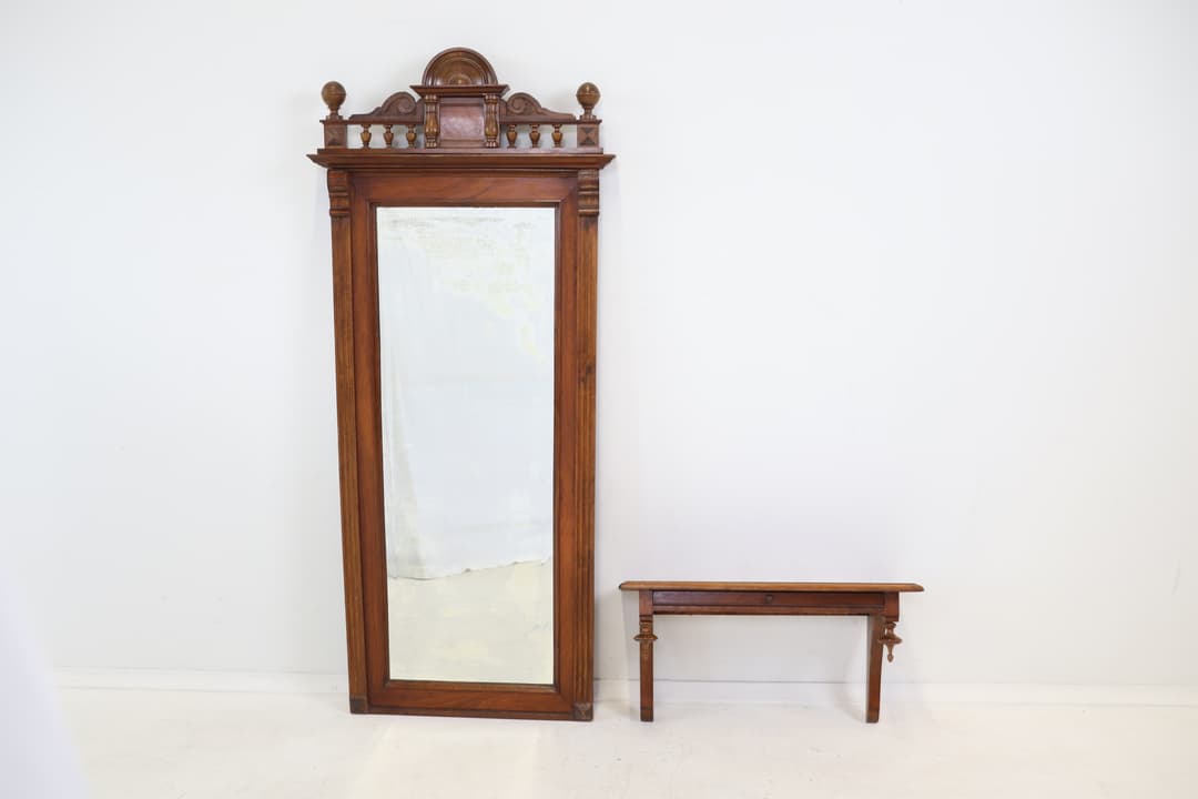 Espejo y estantería de consola, un cajón, de madera.